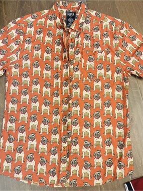 Orange Bulldog Print Short-Sleeve Button-Down Shirt